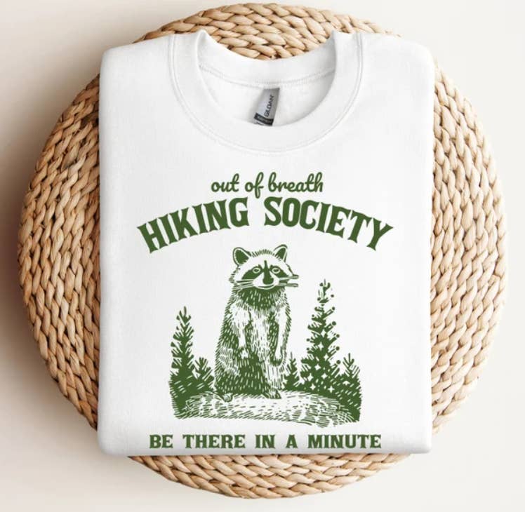 Eleven Fashion - Wholesale Screen Printed T-Shirt - Women's - Out Of Breath Hiking Society Raccoon Retro Shirt