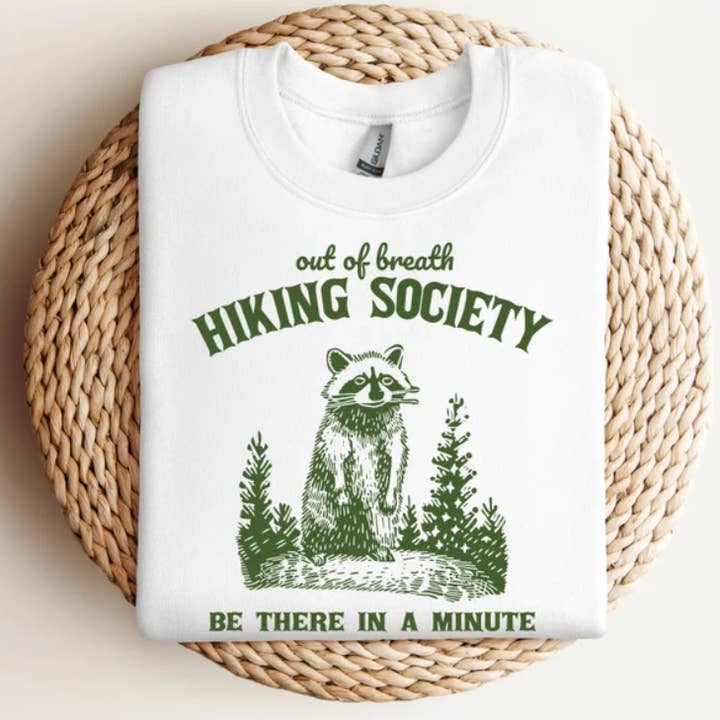 Eleven Fashion - Wholesale Screen Printed T-Shirt - Women's - Out Of Breath Hiking Society Raccoon Retro Shirt0