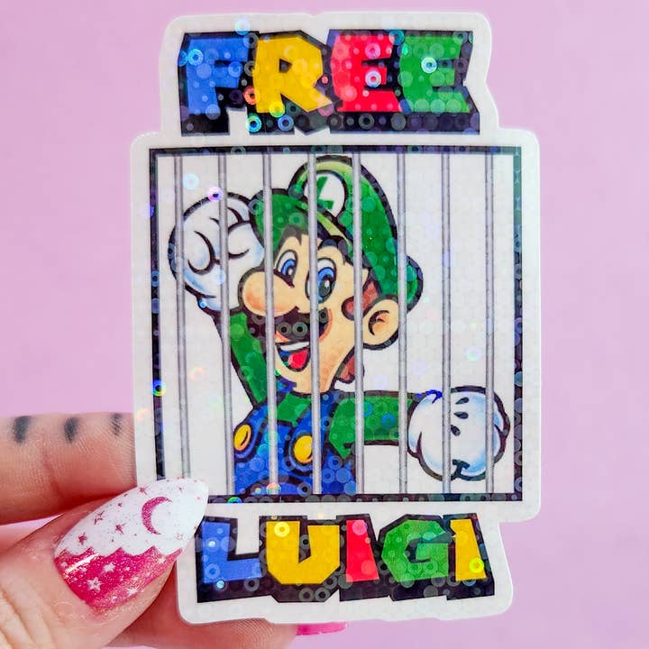 Free Luigi Waterproof Holographic Sticker 2.2 x 3.3 in. for wholesale by Pretty Rude Things