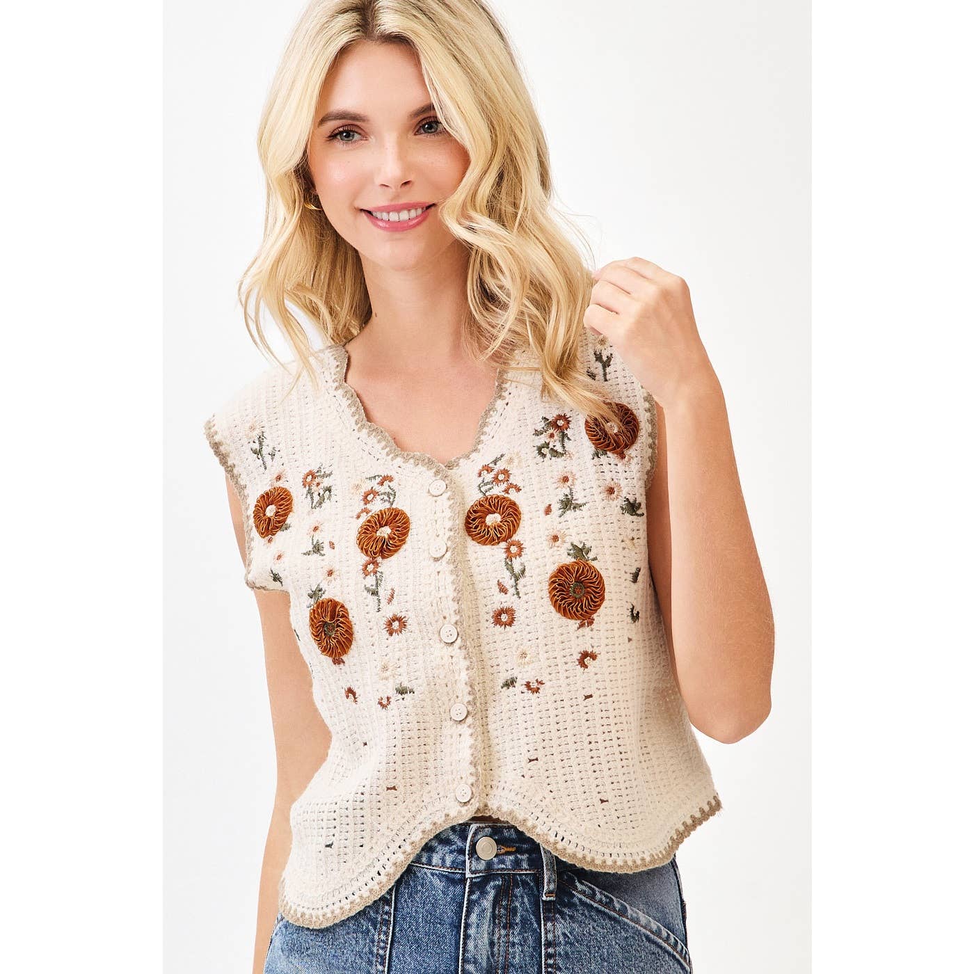 mittoshop - Wholesale Sweater Vest - Women's - FLORAL EMBROIDERY SLEEVELESS VEST CROCHET TOP7