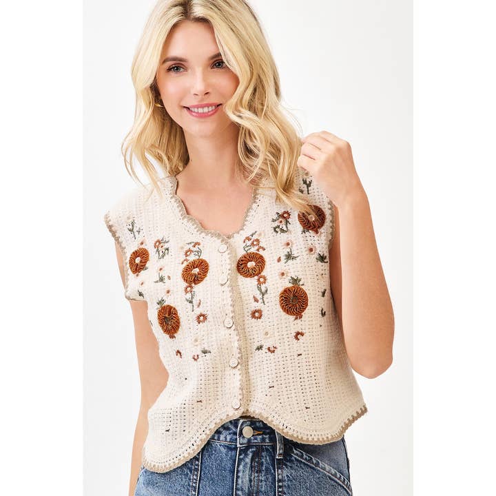 mittoshop - Wholesale Sweater Vest - Women's - FLORAL EMBROIDERY SLEEVELESS VEST CROCHET TOP7