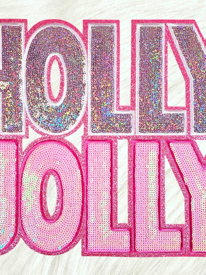 Holly Jolly Pink Sequin on Glitter Iron-on Patch for wholesale by Scratch Decor