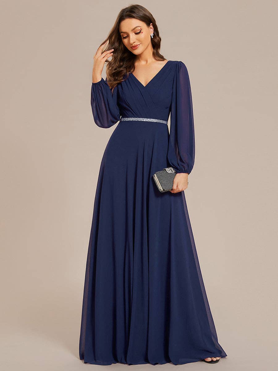 Ever-Pretty - Wholesale Gown - Women's - Elegant waisted chiffon V-neck Long Sleeve guest Dress26