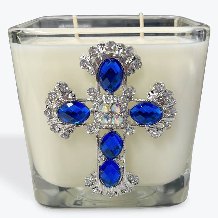 KING'S GARMENTS - 12oz BLUE CROSS CANDLE for wholesale by Abba Christian Products