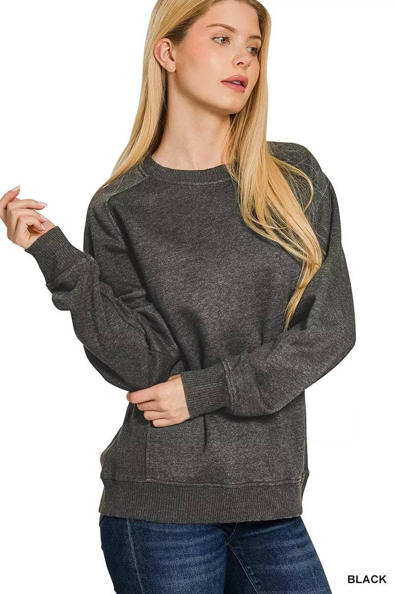 BLACK Zenana Acid Washed Fleece Sweatshirt with Side Rib for wholesale on Faire0