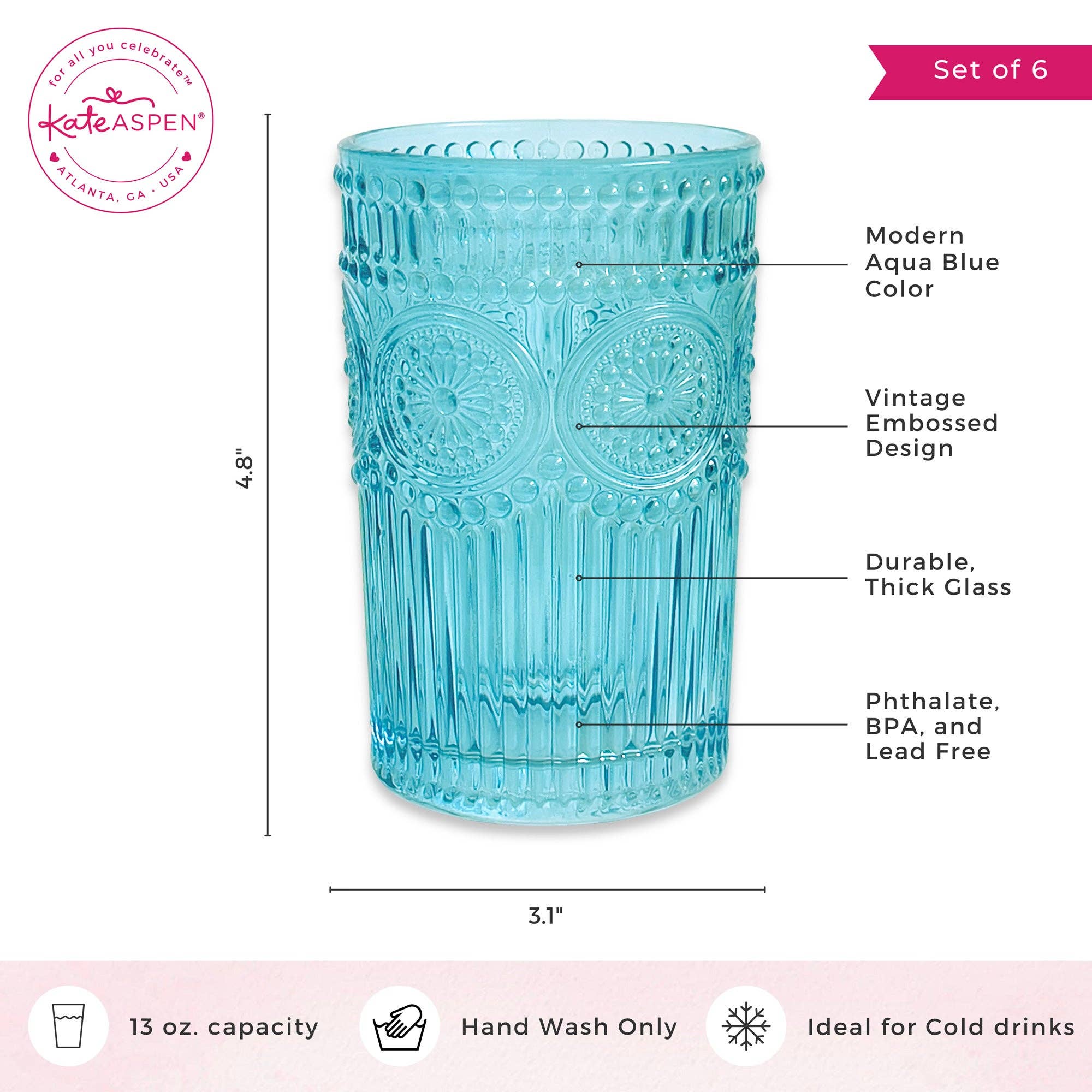 Kate Aspen – Copo/caneca por atacado – Conjunto de 6 Copos Vintage Texturizados Azul Aqua de 13 oz (cerca de 385 ml)5