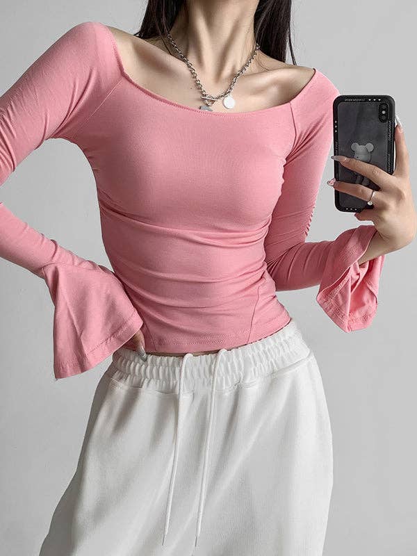 UZ Wholesale Store – Engroshandel Strikket top - Dame – Plisserede ensfarvede blussede ærmer Lange ærmer Bådhals T-
