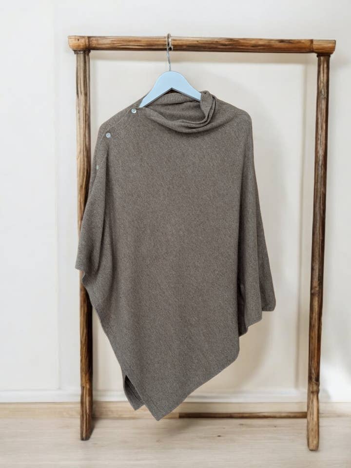 Cool Trade Winds – wholesale Poncho – Women's – Cashmere Blend Side Button Poncho: Cowl Neck Apricot Brown