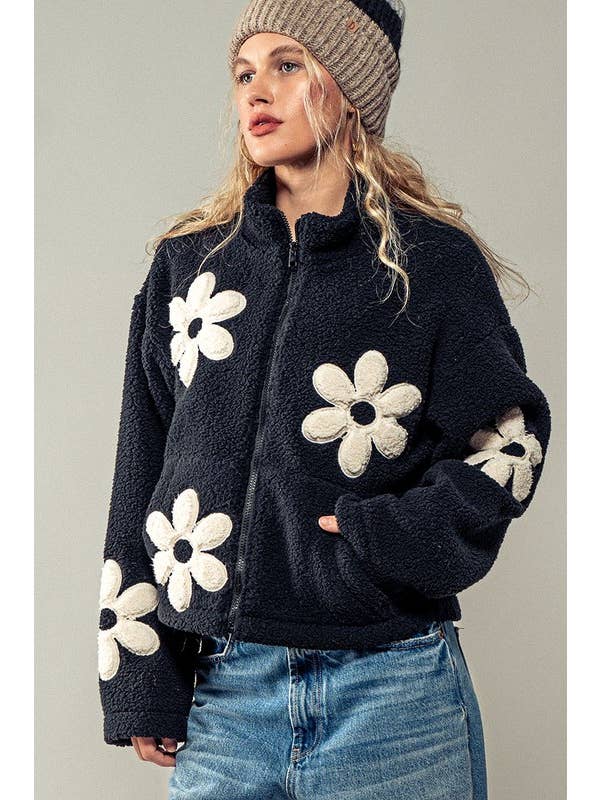 Urban Daizy - Wholesale Jacket - Women's - Playful Floral Fleece Zip Up Collared Jacket