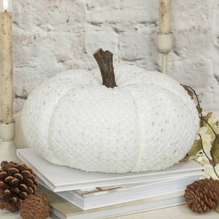 7.5" WHITE FRAYED RIBBON FABRIC PUMPKIN W/ FAUX WOOD STEM for wholesale by Ragon House