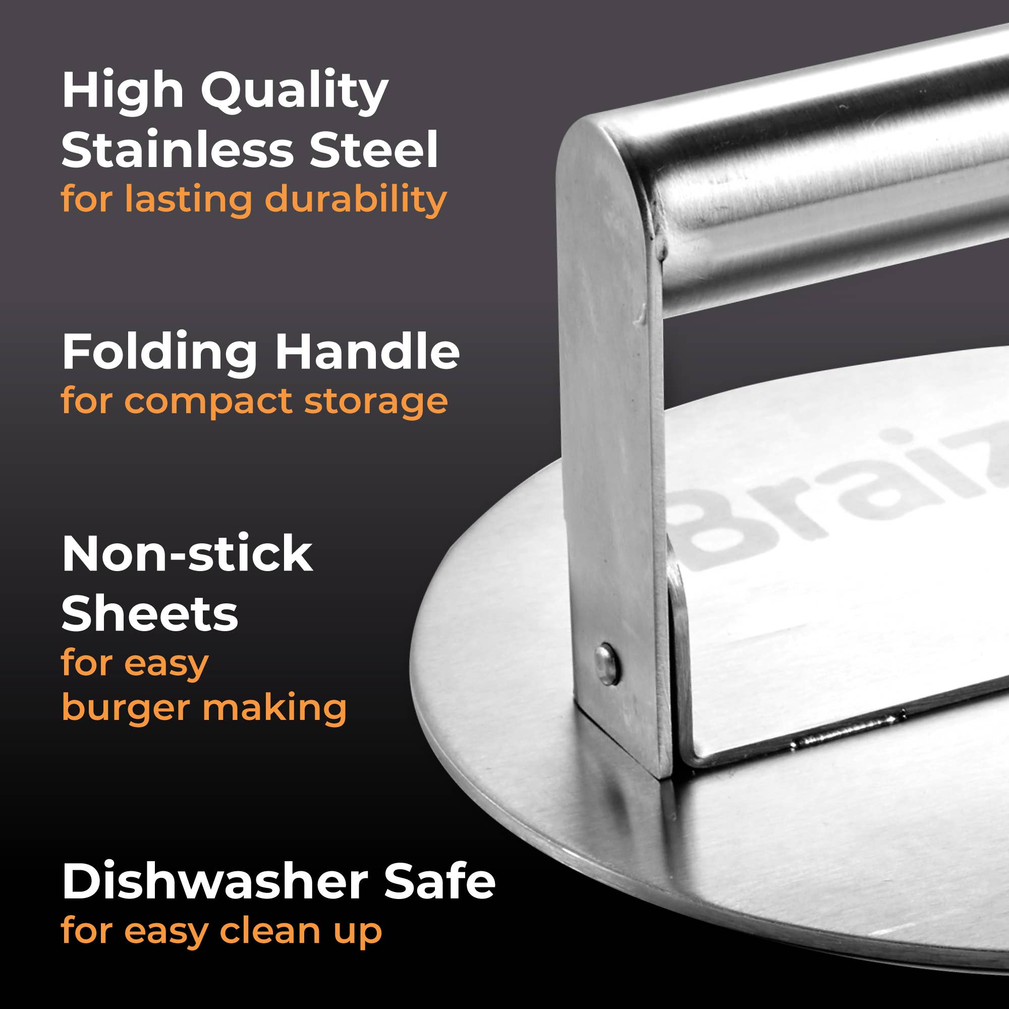 Braize - Wholesale Kitchen Tool/Gadget - Burger Press w/ Folding Handle + Non-Stick Sheets1