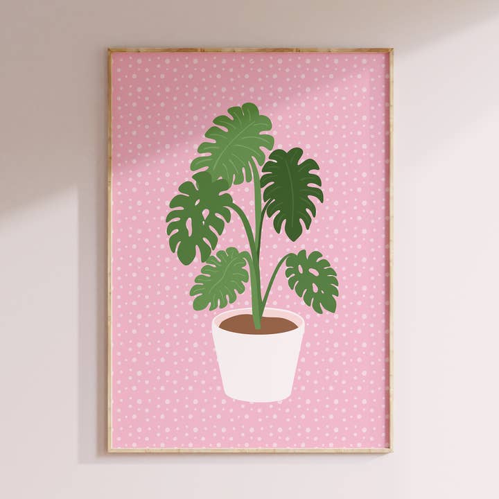 Monstera Illustration Print | House Plant Art | Pink Decor for wholesale by The Happy Badger