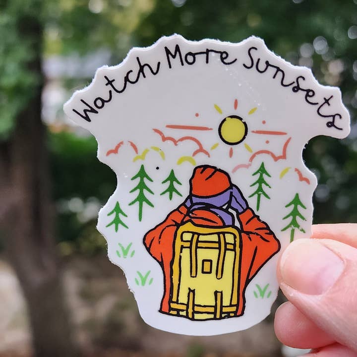Watch More Sunsets Hiking Die Cut Vinyl Sticker for wholesale by National Parks and Beyond