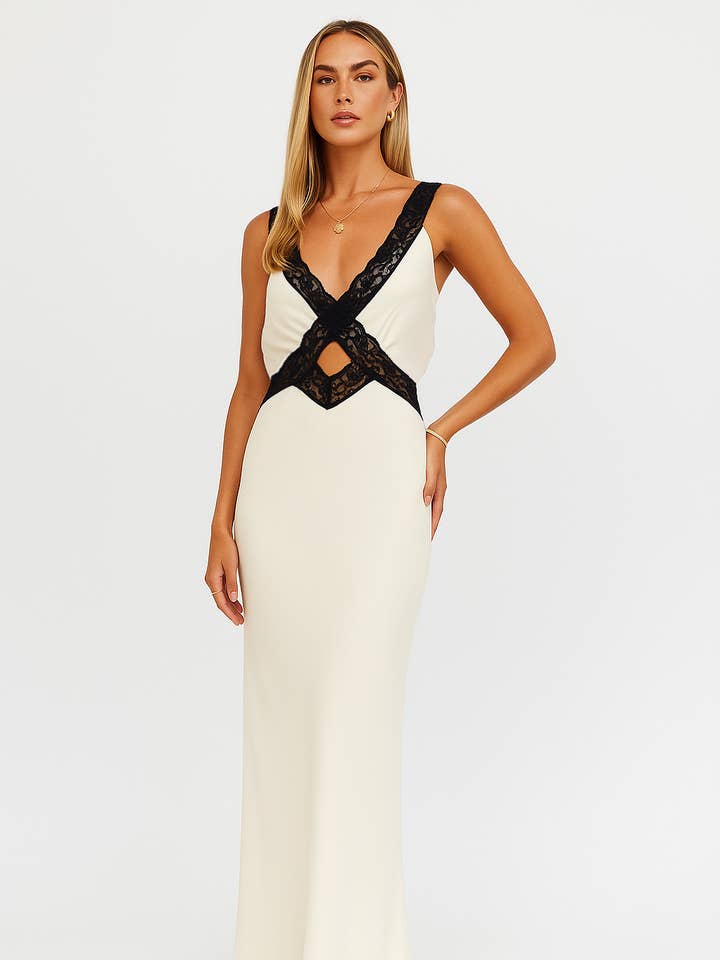 YD5061 Elegant Ivory Slip Maxi Dress with Black Lace for wholesale by Endless Blu