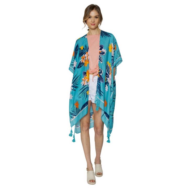 PinktownUSA - Wholesale Kimono - Women's - Turquoise Tropical Floral Tassel Kimono