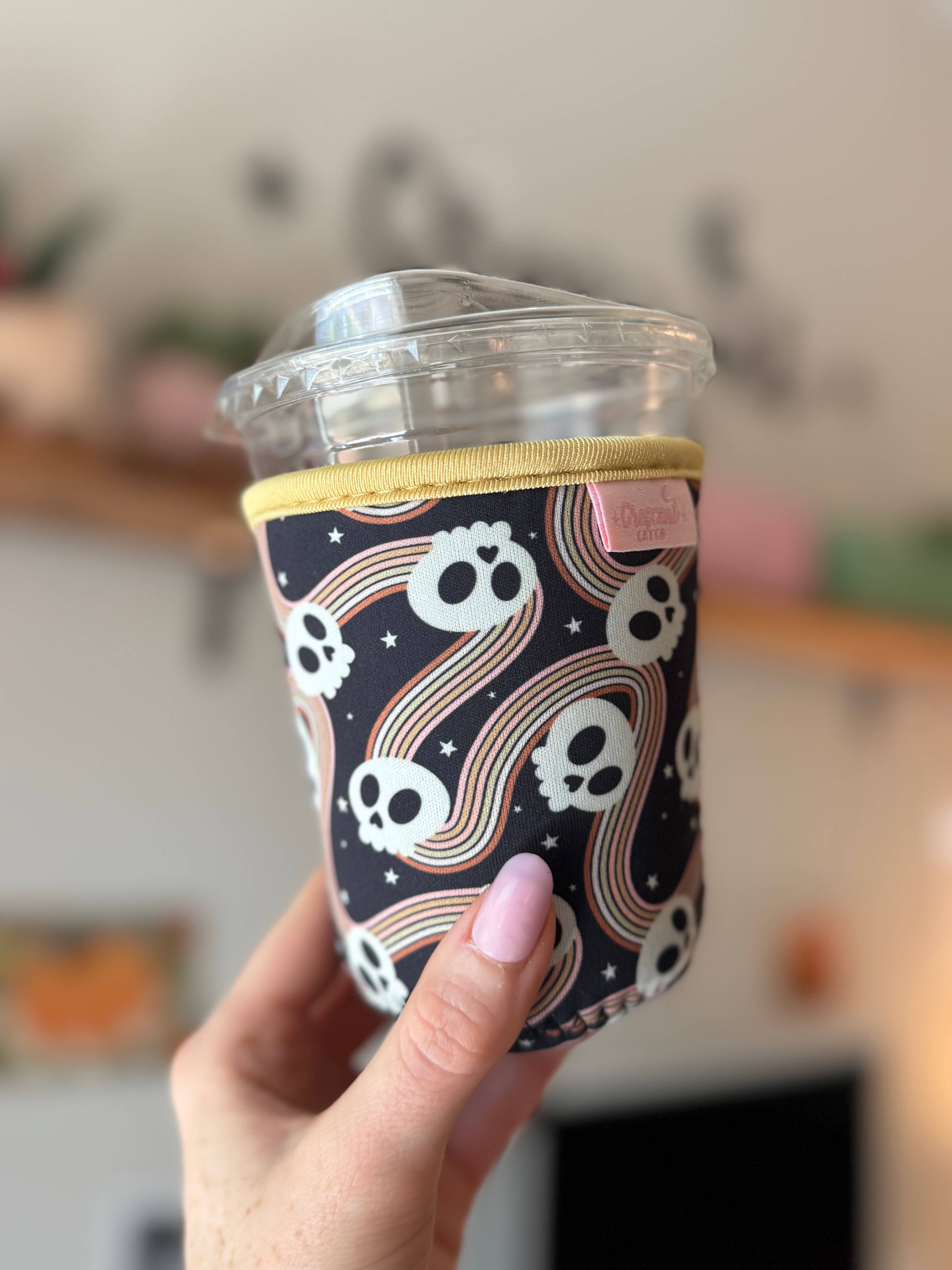 CrescentCatCo - Wholesale Drink Huggers & Koozies - Spooky Cute Skulls Halloween Iced Coffee Drink Sleeve1