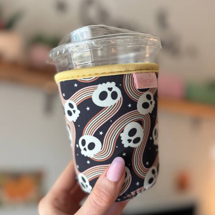 CrescentCatCo - Wholesale Drink Huggers & Koozies - Spooky Cute Skulls Halloween Iced Coffee Drink Sleeve1