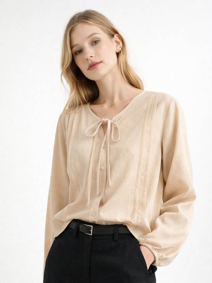 Soft Ribbon Pintuck Blouse Made in Korea for wholesale by Little Light