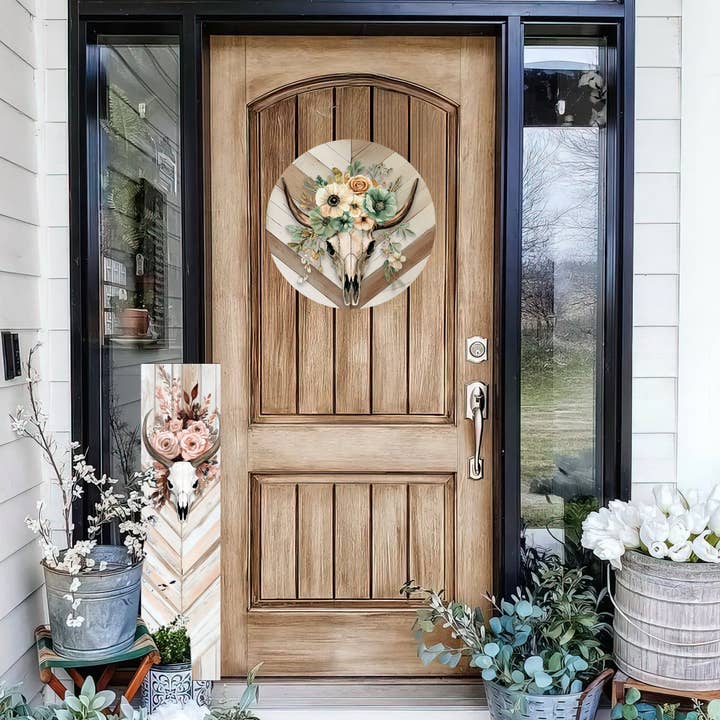 TX USA Corporation - Wholesale Door Hanger - Summer Western Cow Skull Door Hanger – Floral Boho Wall Sign for Front Door or Indoor Decor | Round & Square UV Print | Multi Sizes