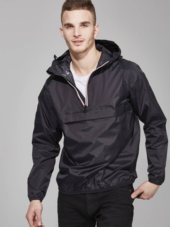 Quarter zip packable light rain jacket and windbreaker in black for wholesale by O8 Lifestyle