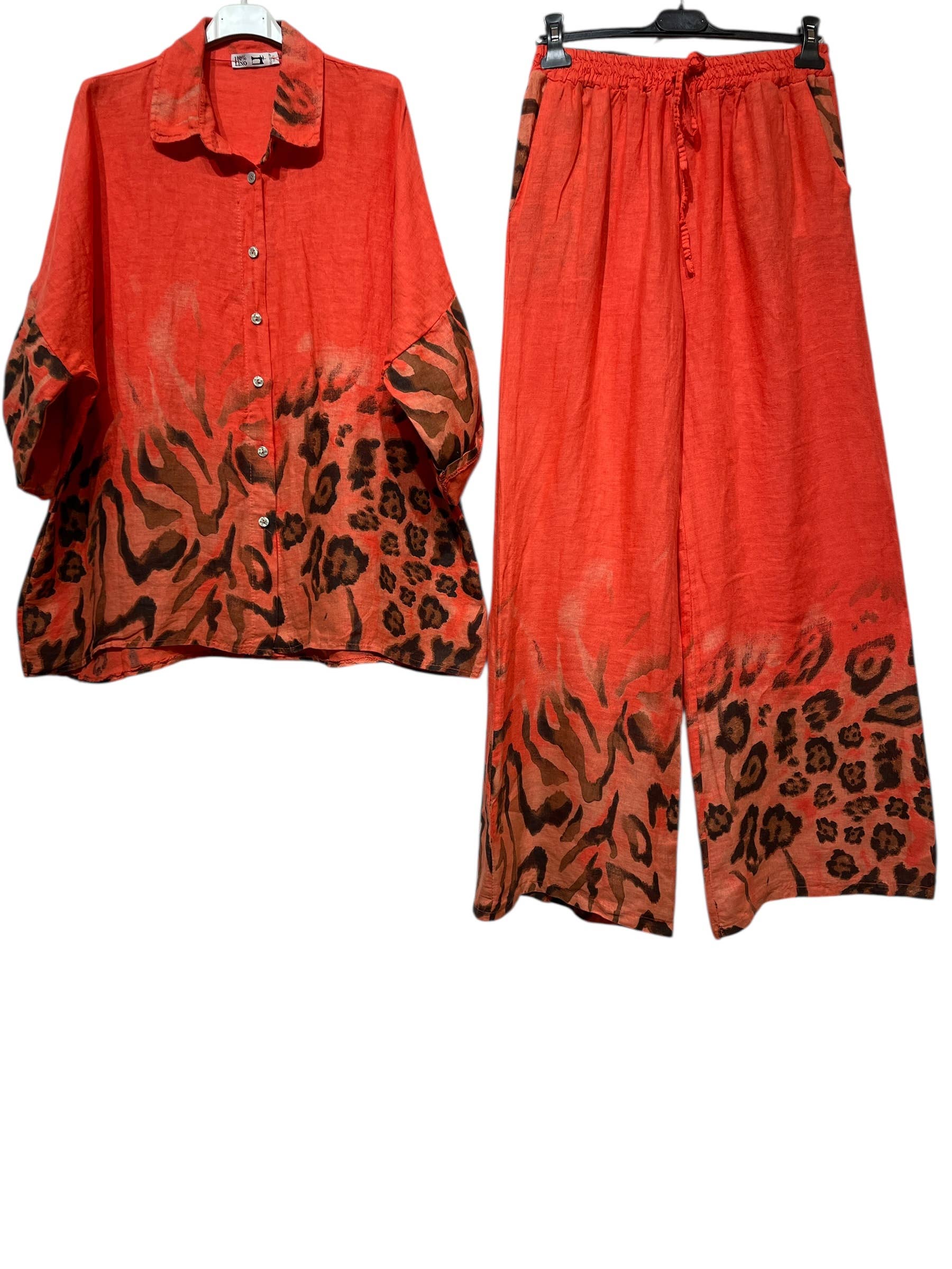 LINEN & COTTON HOUSE – Engroshandel Overdelssæt – til kvinder – Leopardmønstret hørskjorte og bukser sæt 09002 4840319