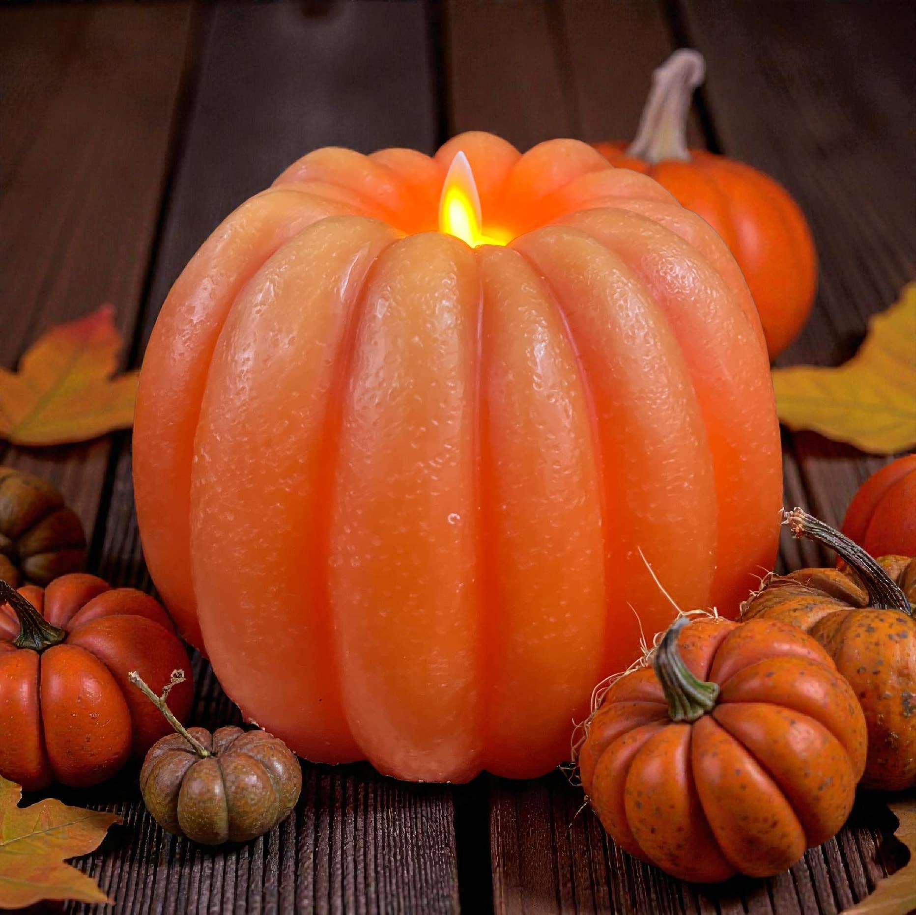 Wholesale Home Decor - Wholesale Flameless Candle - Orange Pumpkin Carved Moving Flame LED Candle 6x5