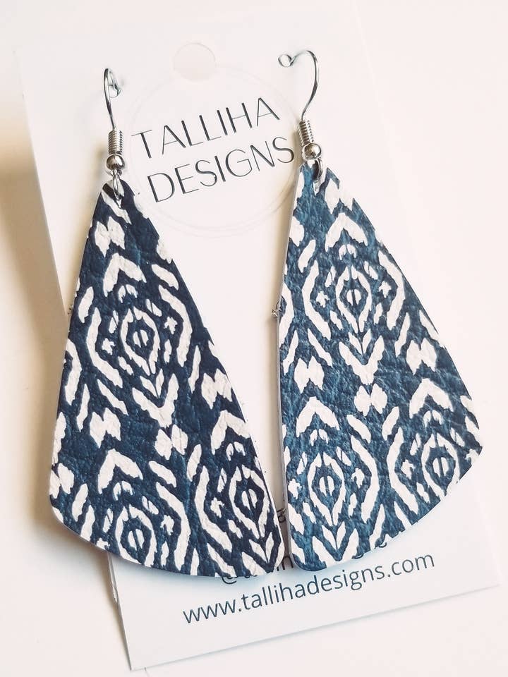 Navy and White Geometric Genuine Leather Wedge Earrings for wholesale by Talliha Designs