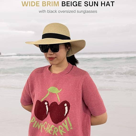 4E's Novelty - Wholesale Straw Hat - Women's - 4E's Novelty Sun Hat for Women UV Protection with Sunglasses, UPF 50+, Packable Beach Hat, Beige