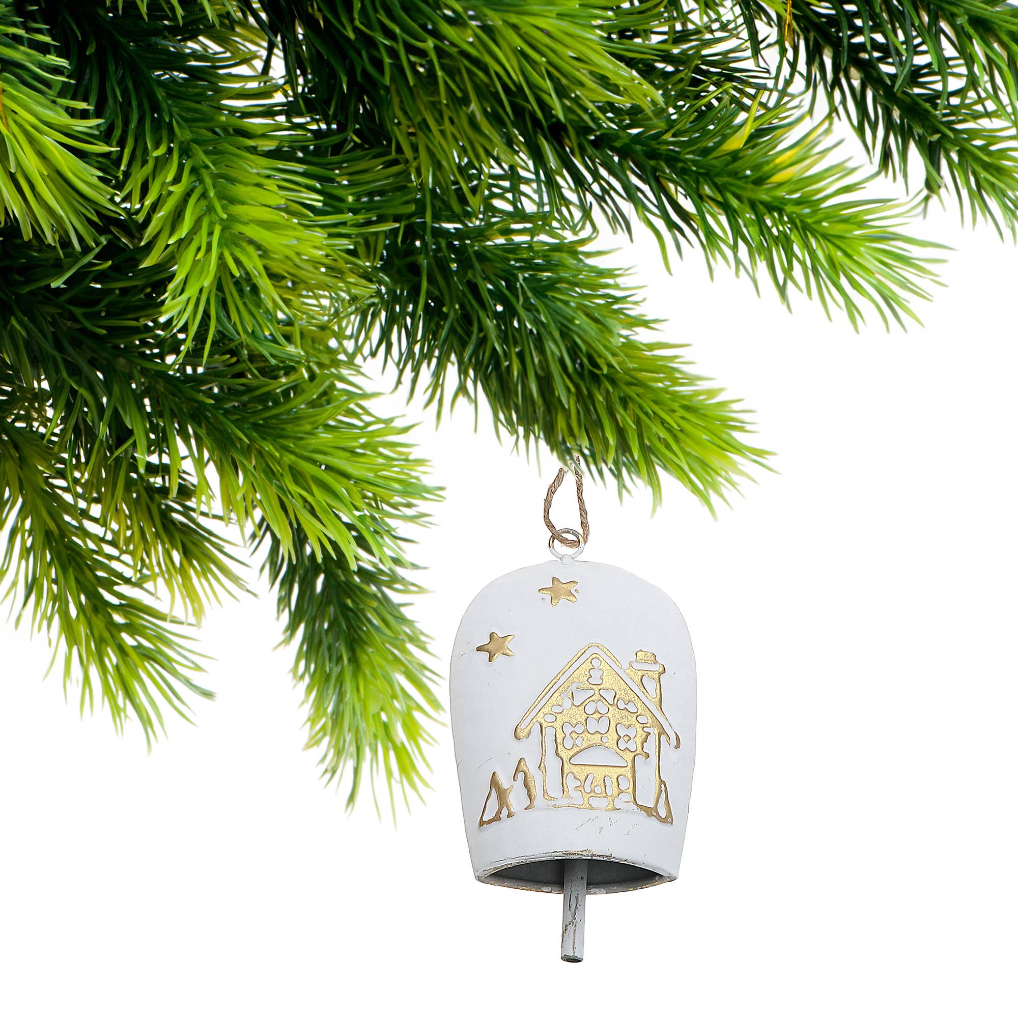 IH Casa Decor – Ornamento por atacado – ORNAMENTO DE SINO DE VACA EM METAL EMBOSSADO BRANCO E DOURADO1