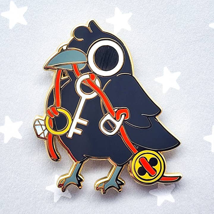 Shiny Things Crow Enamel Pin for wholesale by Toku Arts