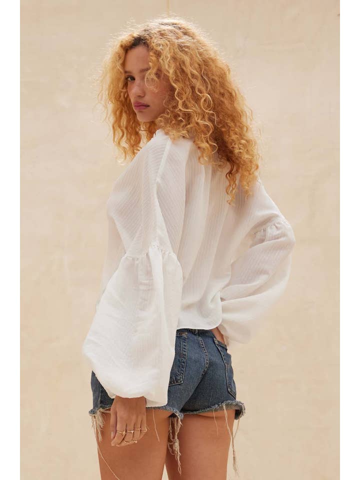 Promesa USA - Wholesale Blouse - Women's - Tonal-Stripe Tie-Front Balloon-Sleeve Top5