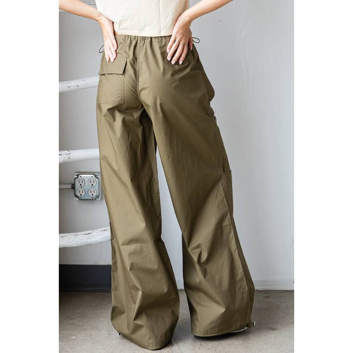 Olive Wide Fit Drawstring Parachute Pants for wholesale on Faire2