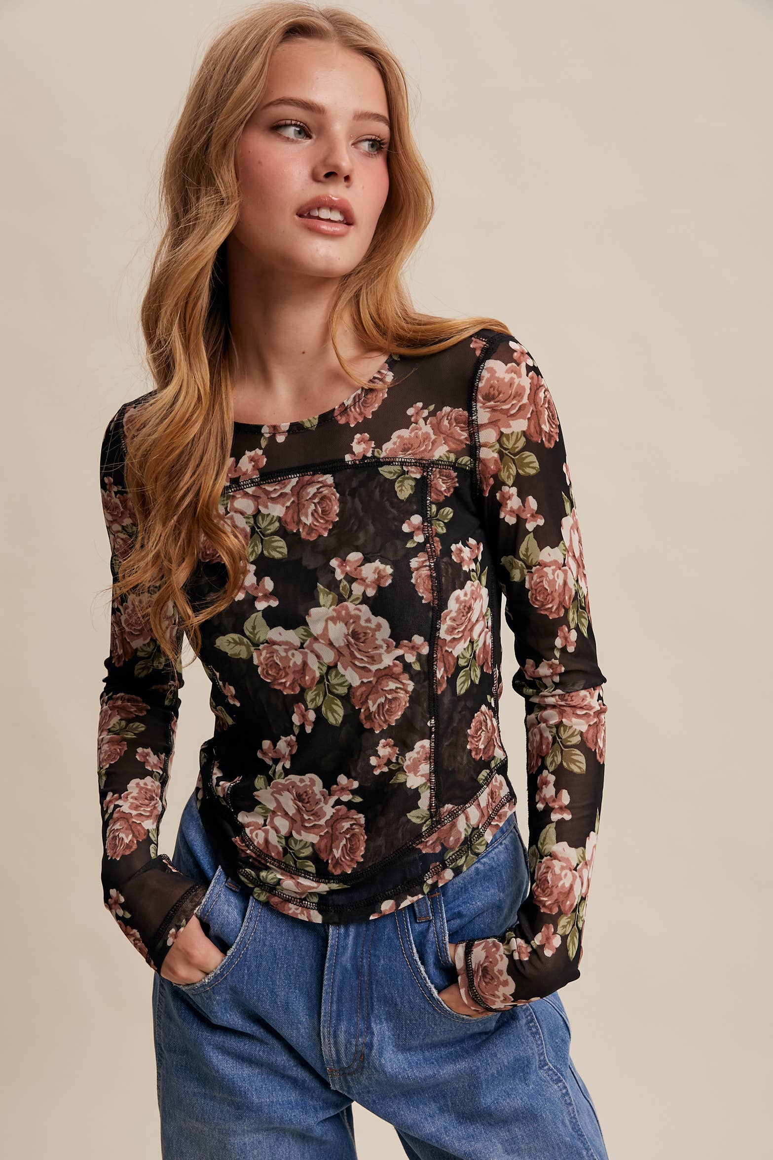 Listicle - Wholesale T-Shirt - Women's - Floral Mesh Long Sleeve Layering Top39