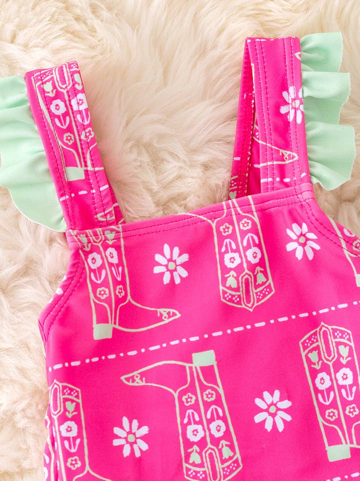 Kids Charm Online - Wholesale One Piece Swimsuit - Kids - Fuchsia boot printed swimsuit with mint ruffle trim. SWG50174 SOL1