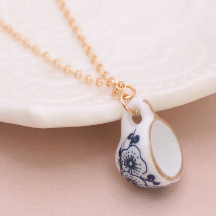 ZAD - Wholesale Pendant/Charm Necklace - Vintage Ceramic Teacup Gold Necklace