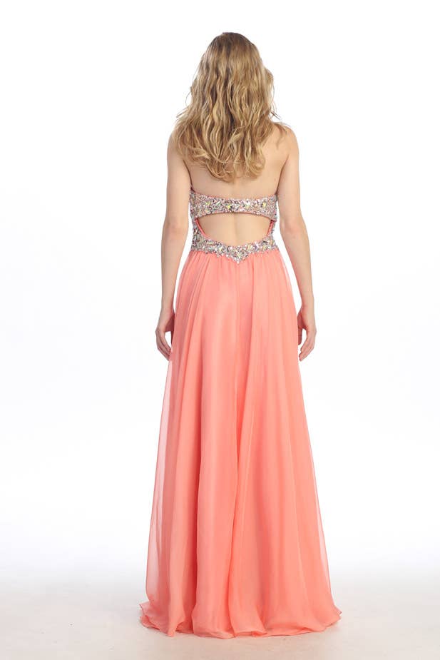 Chicas - Wholesale Gown - Women's - Long Ruched Chiffon Dress With Jewel Rhinestones C55036
