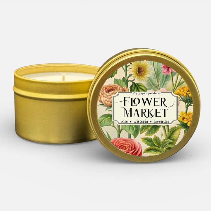 Blomstermarked 4oz sojalys - Rose + Blåregn + Lavendel for engroshandel hos Fly Paper Products