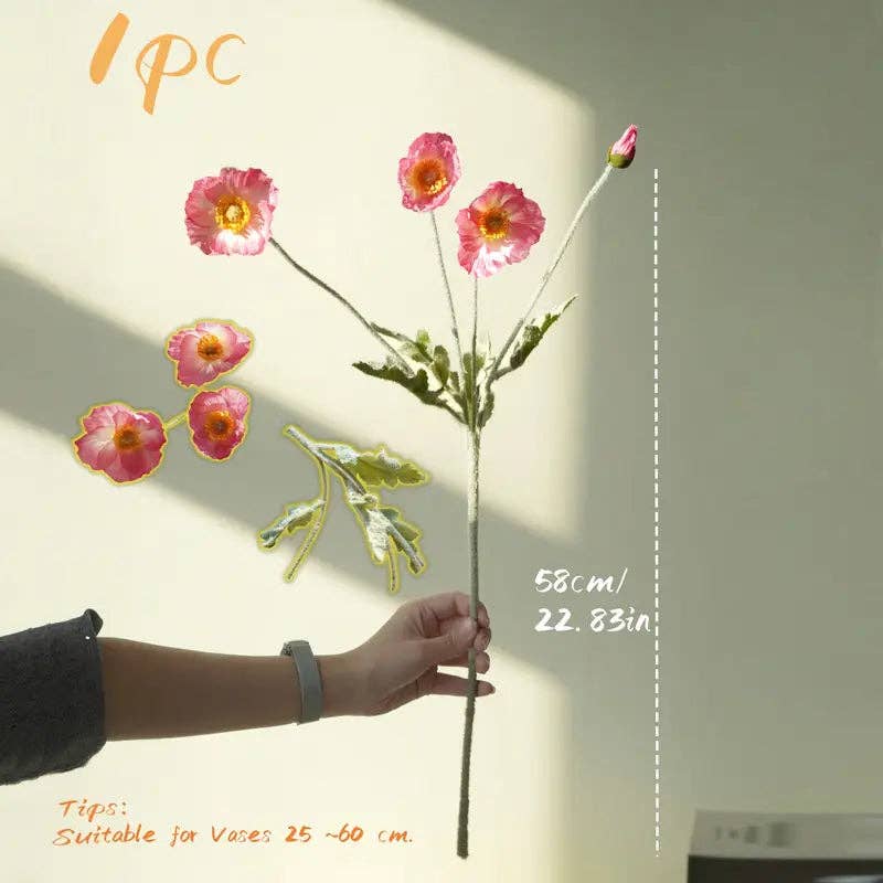 Huis Van Merken - Wholesale Artificial Flowers - Artificial Pink Poppy Flower with Buds – Silk Floral Stem for DIY, Home & Wedding Décor1