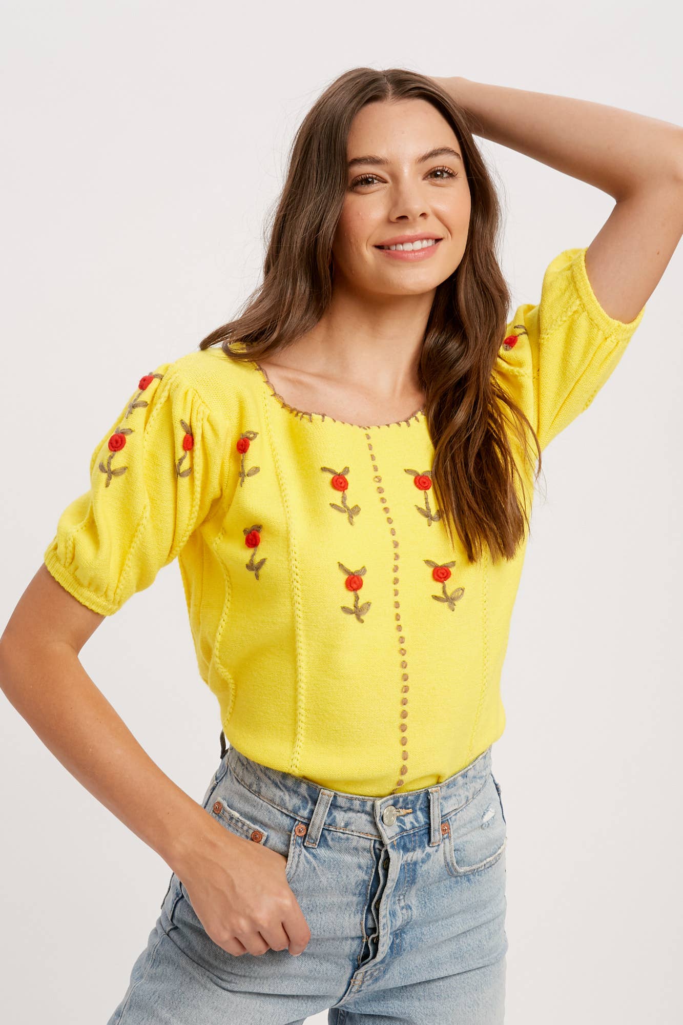 Gelb Besticktes Strickoberteil mit Puffärmeln LSW0677 für den Großhandel auf Faire1