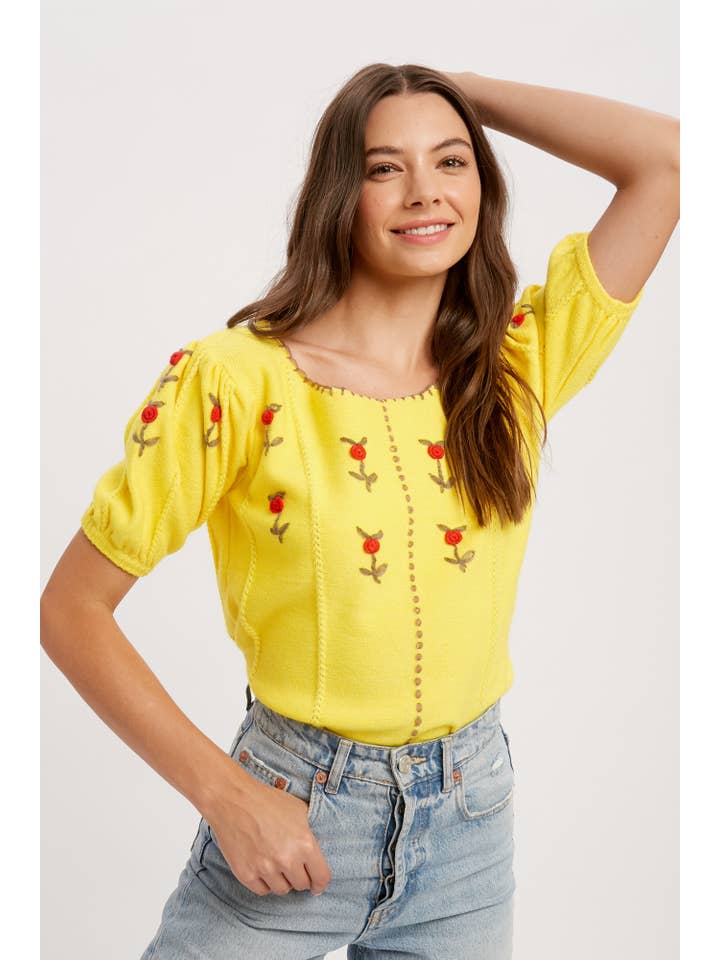 Yellow Embroidered Puff Sleeve Knit Top LSW0677 for wholesale on Faire1