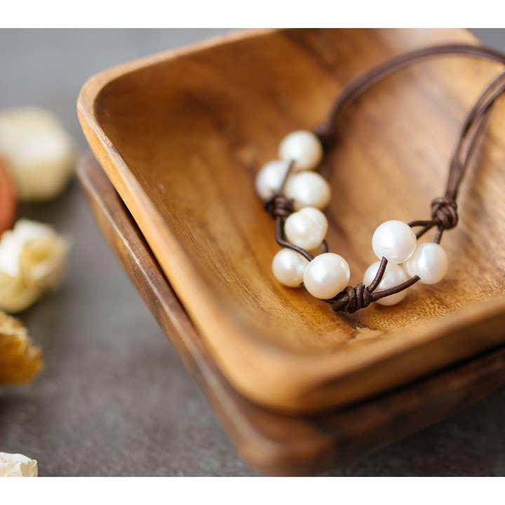 Leather Pearl Cluster Necklace: Knotted Boho Chic Jewelry for wholesale by The Rustic Boho Chic