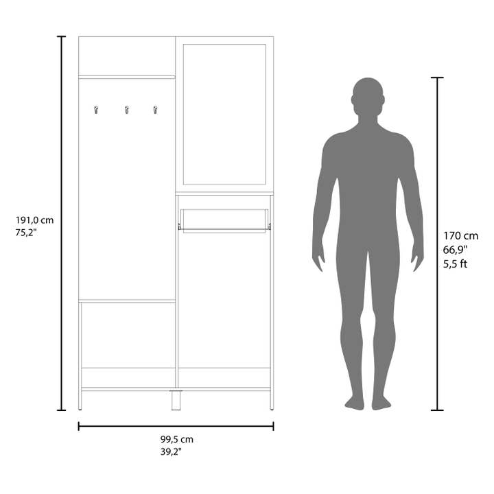 Natural Oak Parker Mirrored Tree Hall with Hangers, Three Shelves, Two Cabinets, One Drawer, Entry way, Console Table, Living Room 75" Tall for wholesale on Faire4
