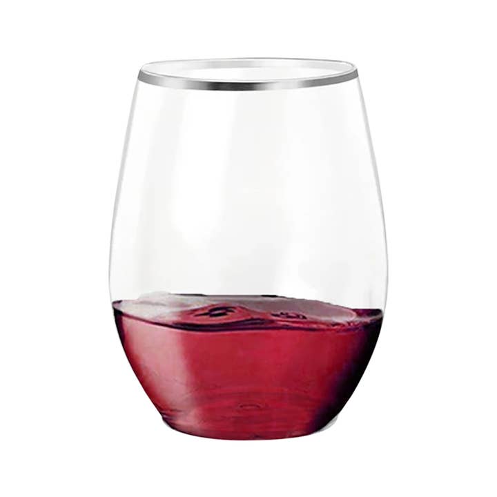 Smarty had a Party - Wholesale Wine Glass - 12 oz Clear w/ Silver Stemless Plastic Wine Glasses - 16 pcs2