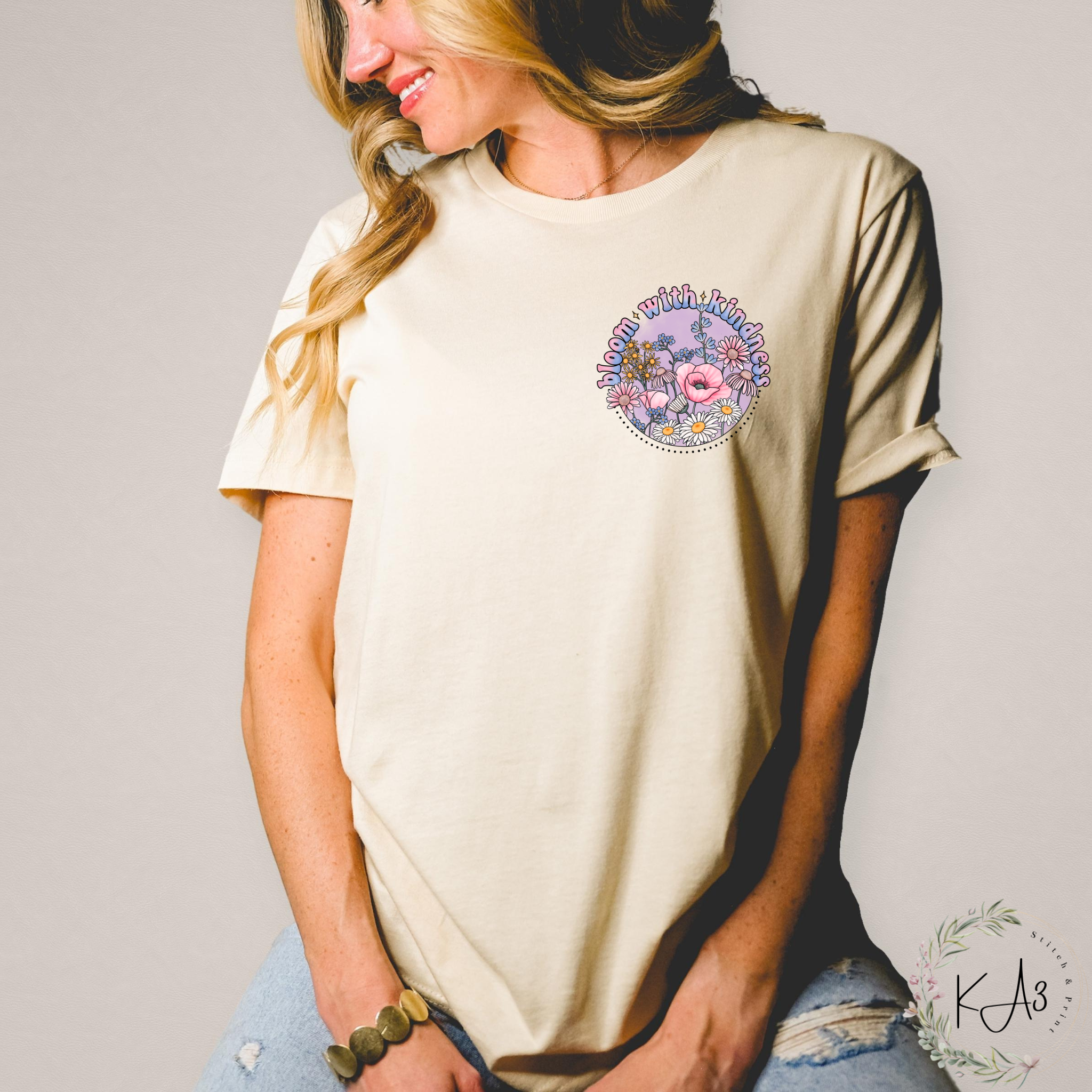 KA3 Stitch & Print - Wholesale Screen Printed T-Shirt - Women's - Bloom with Kindness1