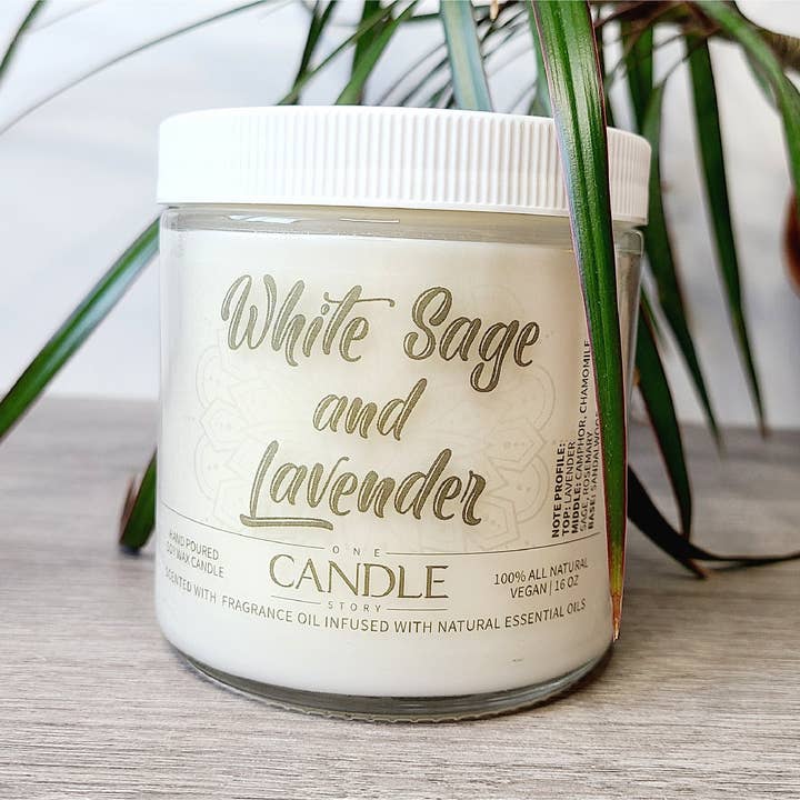 One Candle Story – wholesale Burkljus – Vit salvia/Lavendel Doftljus ,100% Naturligt Sojakvax Ljus, Doftande W/doftoljor Infunderas W/Naturliga eteriska oljor, Aromaterapi