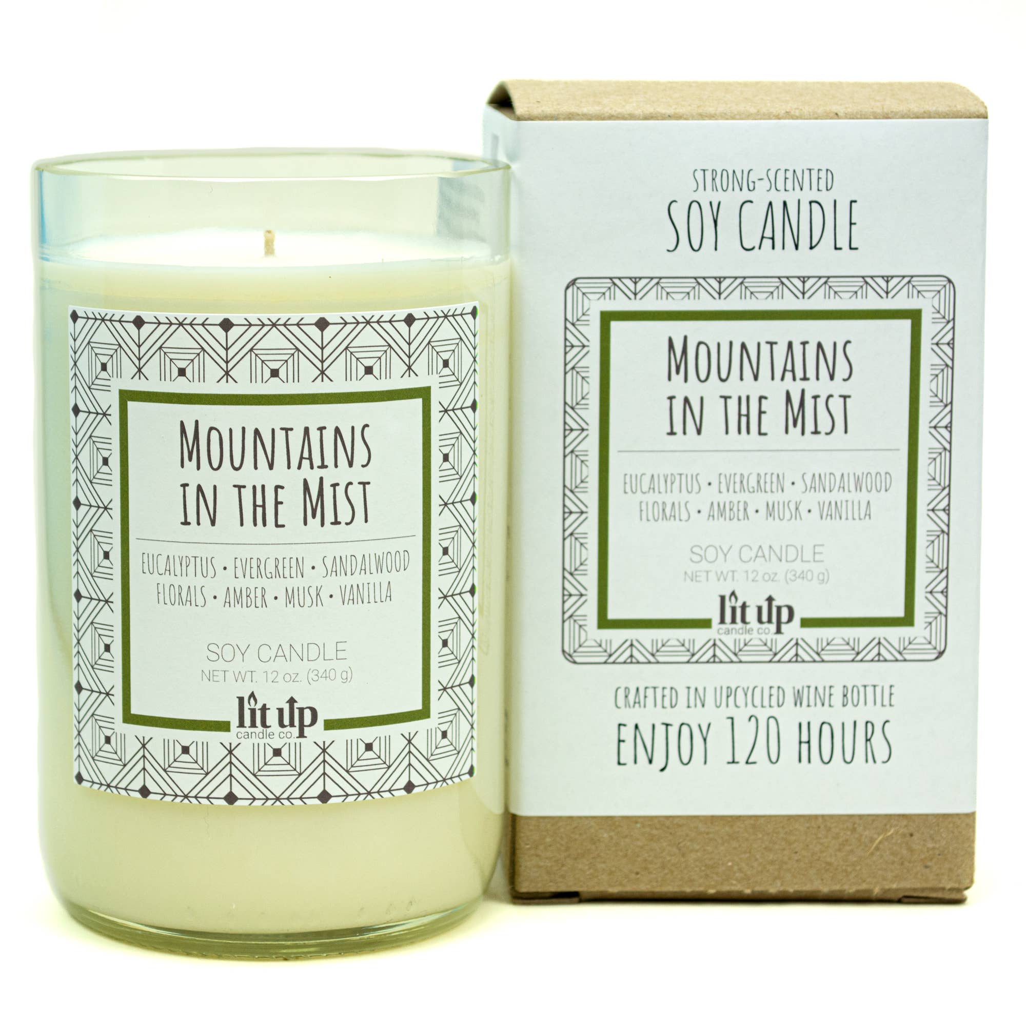 Lit Up Candle Co. - Vente Bougie en bocal - Bougies de soja Mountains in the Mist de 12 oz dans des bouteilles de vin2