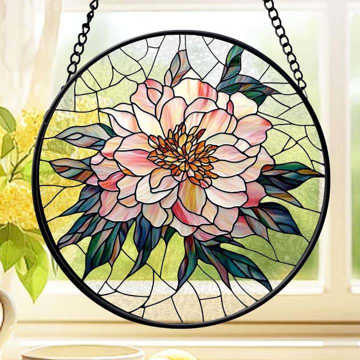 Peony Stained Glass Suncatcher, Peony Flower Window Hanging for wholesale by TMLECOM LTD