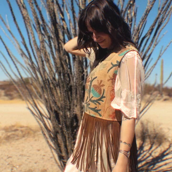Wylder Trading Company - Wholesale Outerwear Vest - Women's - Boho Western Artisan Fringe Vests | Kantha Suzani Textile25