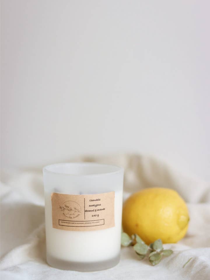 Chandelle à l'eucalyptus citronné et à la lavande pour la vente par Zarits Verte Planète
