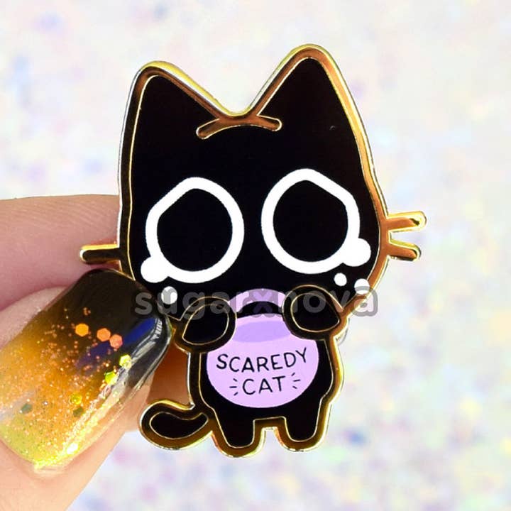 Scaredy Cat Trick or Treat Enamel Pin for wholesale by Sugarnova